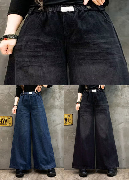 Blue Pockets Denim Wide Leg Pants Elastic Waist Fall