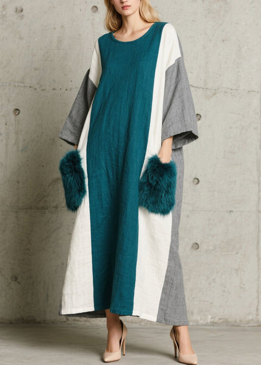 Colorblock O Neck Fuzzy Fur Patchwork Cotton Dress Fall