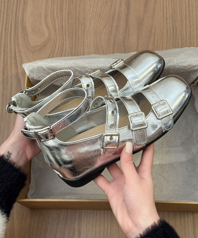 Silver Buckle Strap Splicing Wedge Heels Shoes