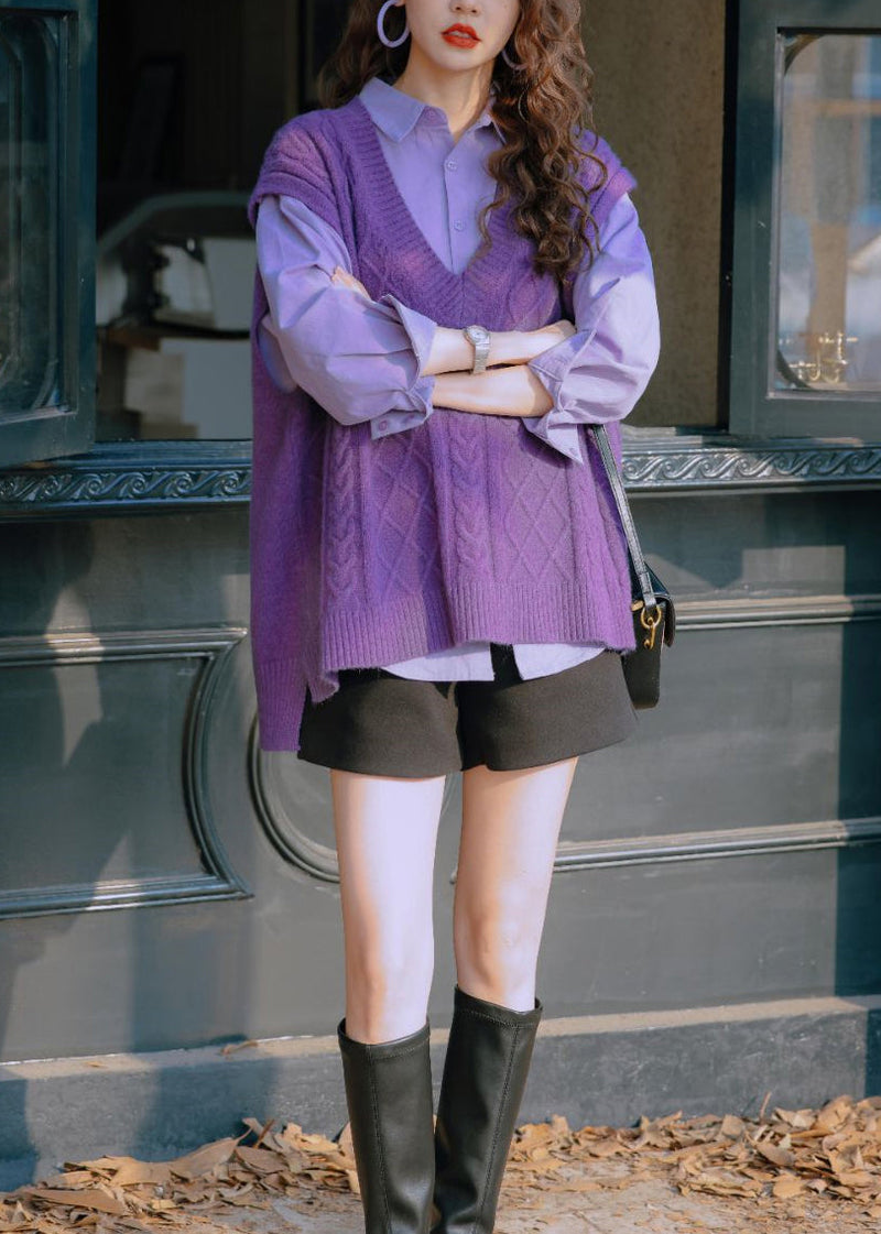 Stylish Purple Knit Vest and Shirts Two Pieces Set Fall