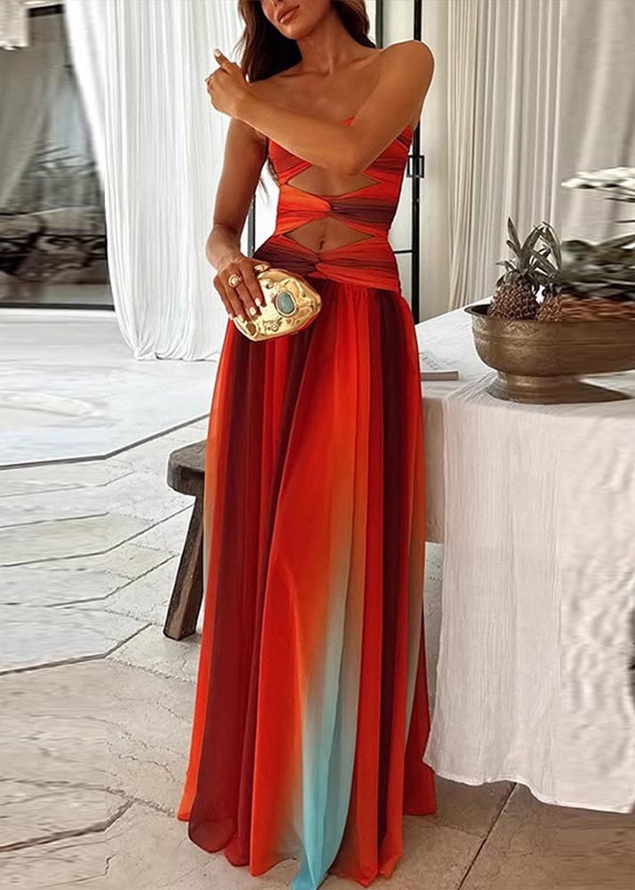 Gradient Color Exra Large Hem Chiffon Strapless Dress Summer