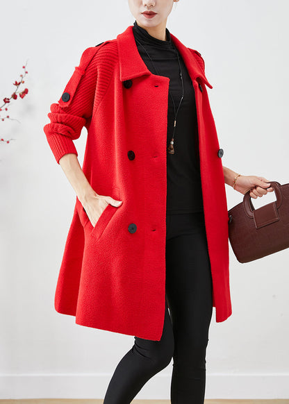 Red Oversized Knit Patchwork Woolen Coat Fall