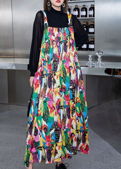 Classy Colorblock Print Silk Spaghetti Strap Dress Spring