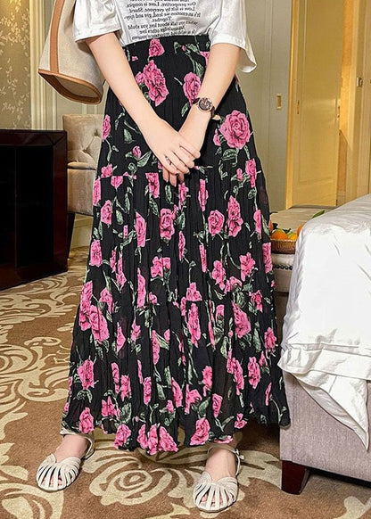 Black Wrinkled Print Patchwork Chiffon Skirts Summer