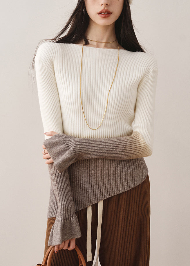 White Gradient Slash Neck Slim Knit Sweaters Fall