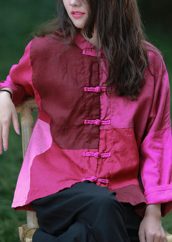 Mulberry Stand Collar Patchwork Oriental Button Linen Shirt Top Spring