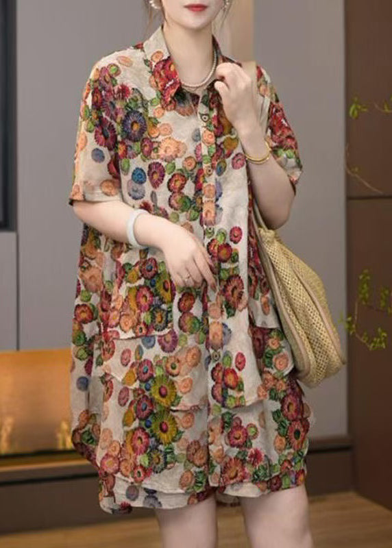 Khaki Oversized Print Cotton Two Pieces Set Summer