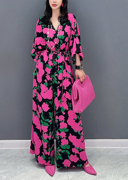 Rose V Neck Print Chiffon Overalls Jumpsuit Summer