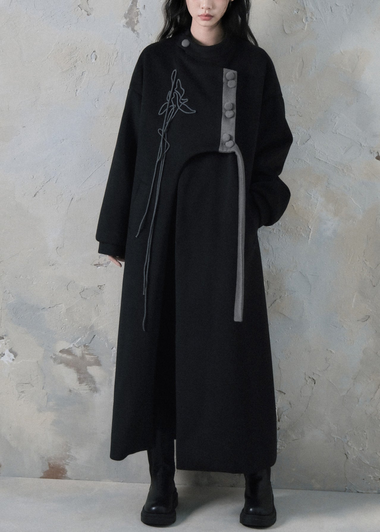 Loose Black Asymmetrical Button Pockets Long Trench Coats Spring