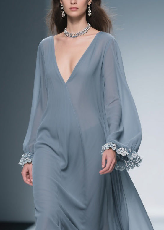 Haze Blue Chiffon Maxi Dresses