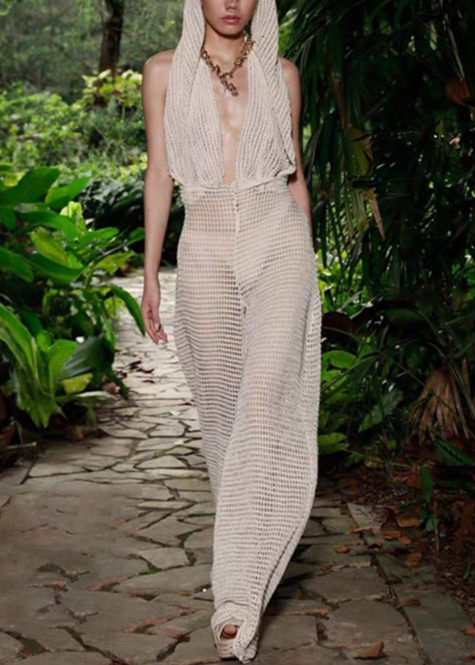 Beige Hooded Hollow Out Knit Jumpsuits Sleeveless