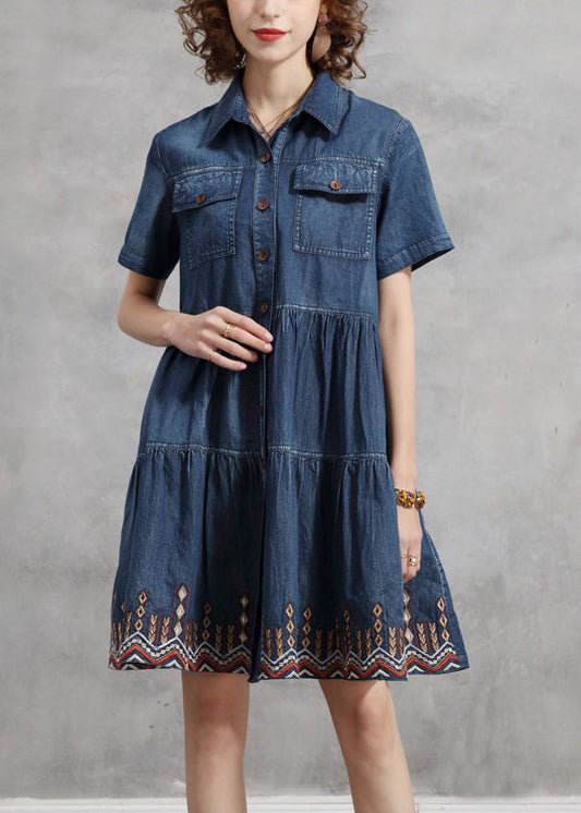 Simple Blue Button Pocket Peter Pan Collar Cotton Vacation Dresses Short Sleeve