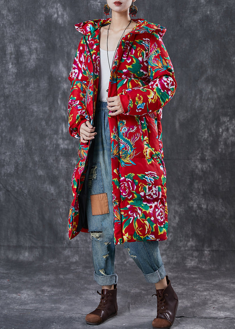 Art Red Hooded Print Fine Cotton Filled Witner Jacket Winter
