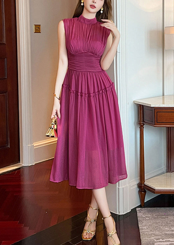 Purple Stand Collar High Waist Chiffon Holiday Maxi Dress Sleeveless