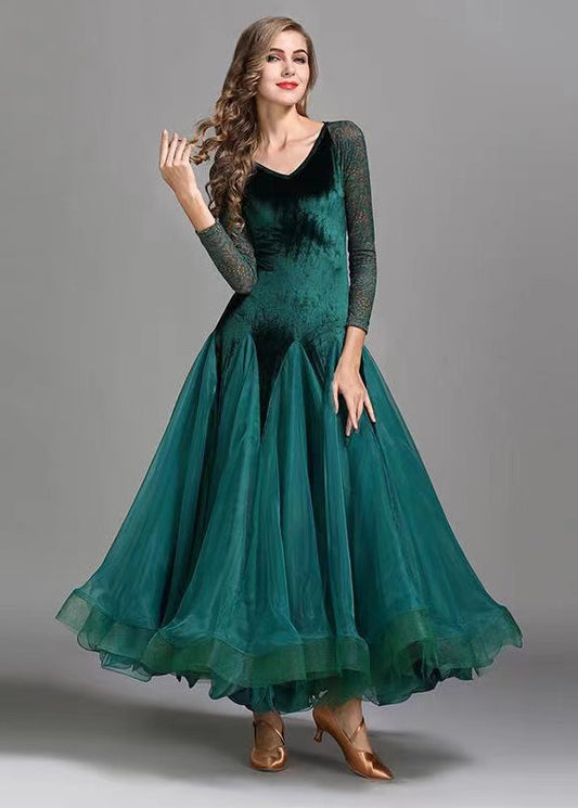 Blackish Green V Neck Patchwork Velour Dance Dress Long Sleeve