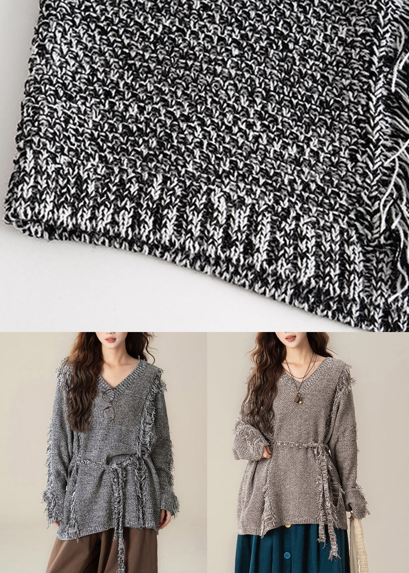 Coffee Hole Frayed Edge Knit Pullover Sweater V Neck