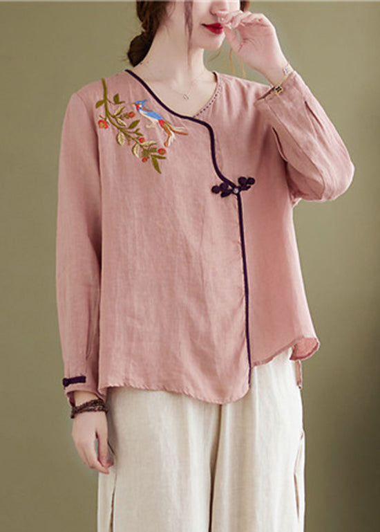 Pink Embroideried Asymmetrical Design Patchwork Top Long Sleeve