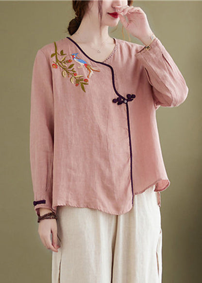Pink Embroideried Asymmetrical Design Patchwork Top Long Sleeve