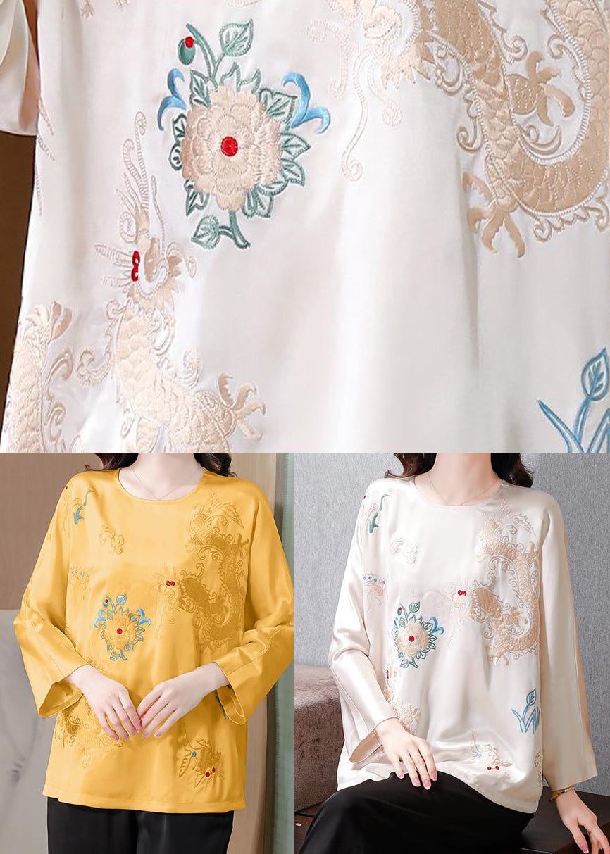 Yellow Embroidered Silk Blouse Tops Spring