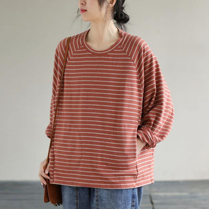 Diy Red Cotton Crane Tops Striped Cotton Spring Sweatshirt