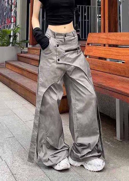 Grey Asymmetrical Pockets Patchwork Cotton Pants Spring