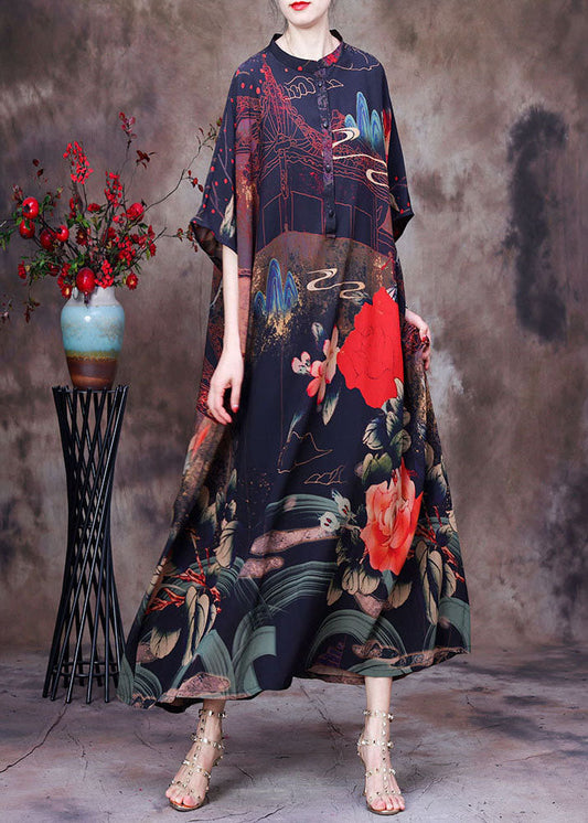 Chocolate Stand Collar Button Print Silk Holiday Dress Batwing Sleeve