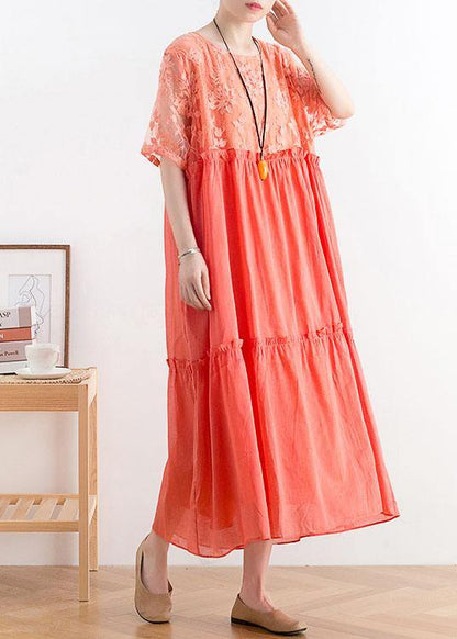 Summer French Orange Patchwork O-neck Cotton Long Dresses