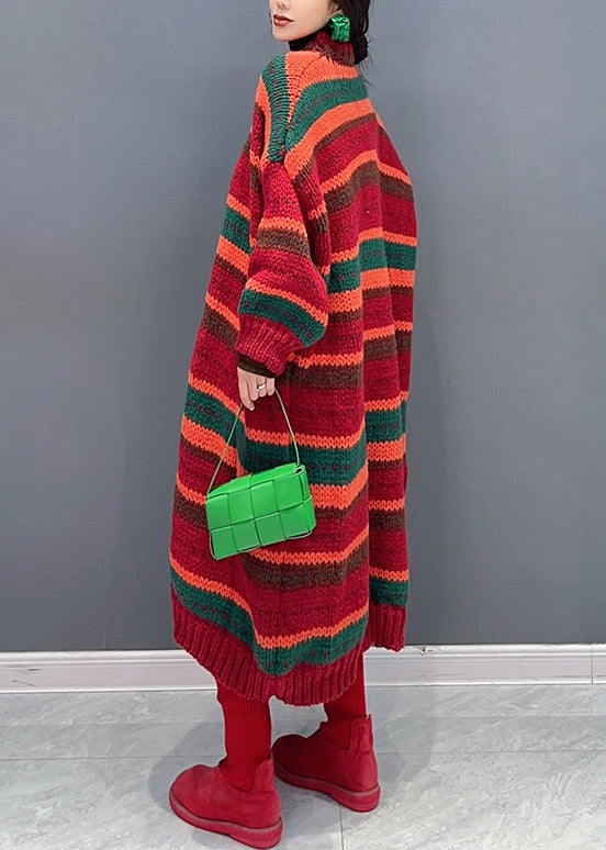 Red Striped V Neck Button Patchwork Knit Coat Fall