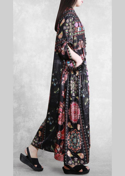 Black Print Dress O Neck Pockets Dress