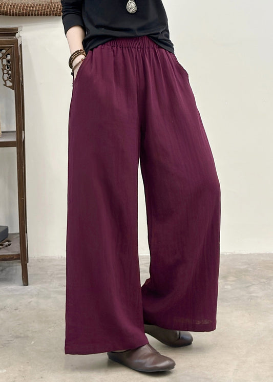 Purple Elastic Waist Pockets Linen Pants Summer