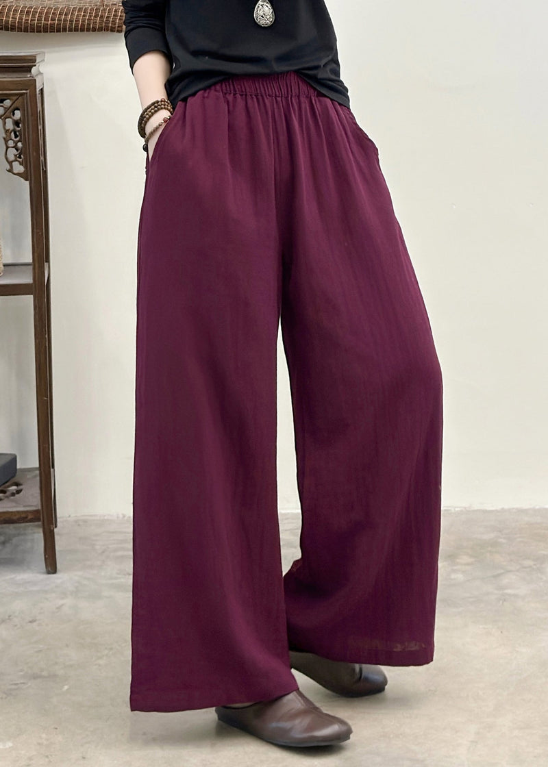 Purple Elastic Waist Pockets Linen Pants Summer