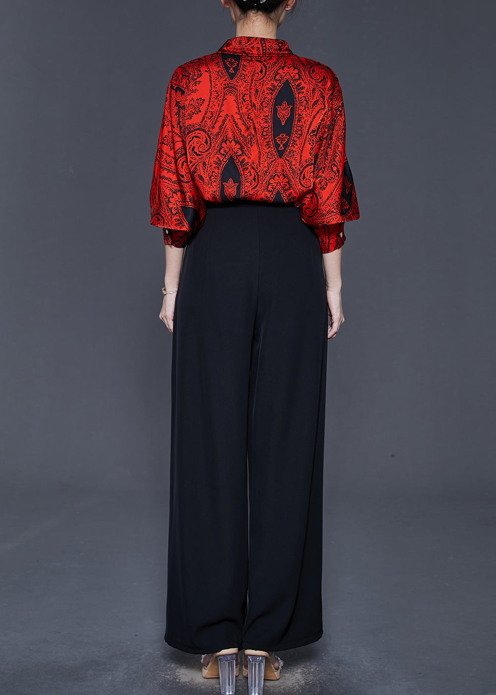 Red Peter Pan Collar Print Silk Two Pieces Set Spring
