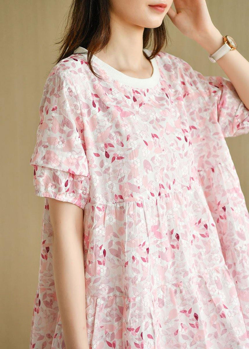 Pink Puff Sleeve Print Summer Cotton Dresses