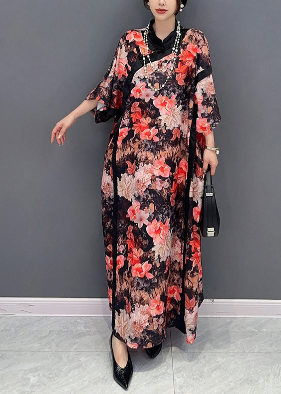 Chinese Style Red Stand Collar Print Chiffon Dresses Fall