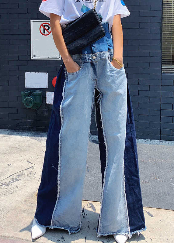 Modern Blue Pockets High Waist Patchwork Denim Pants Spring
