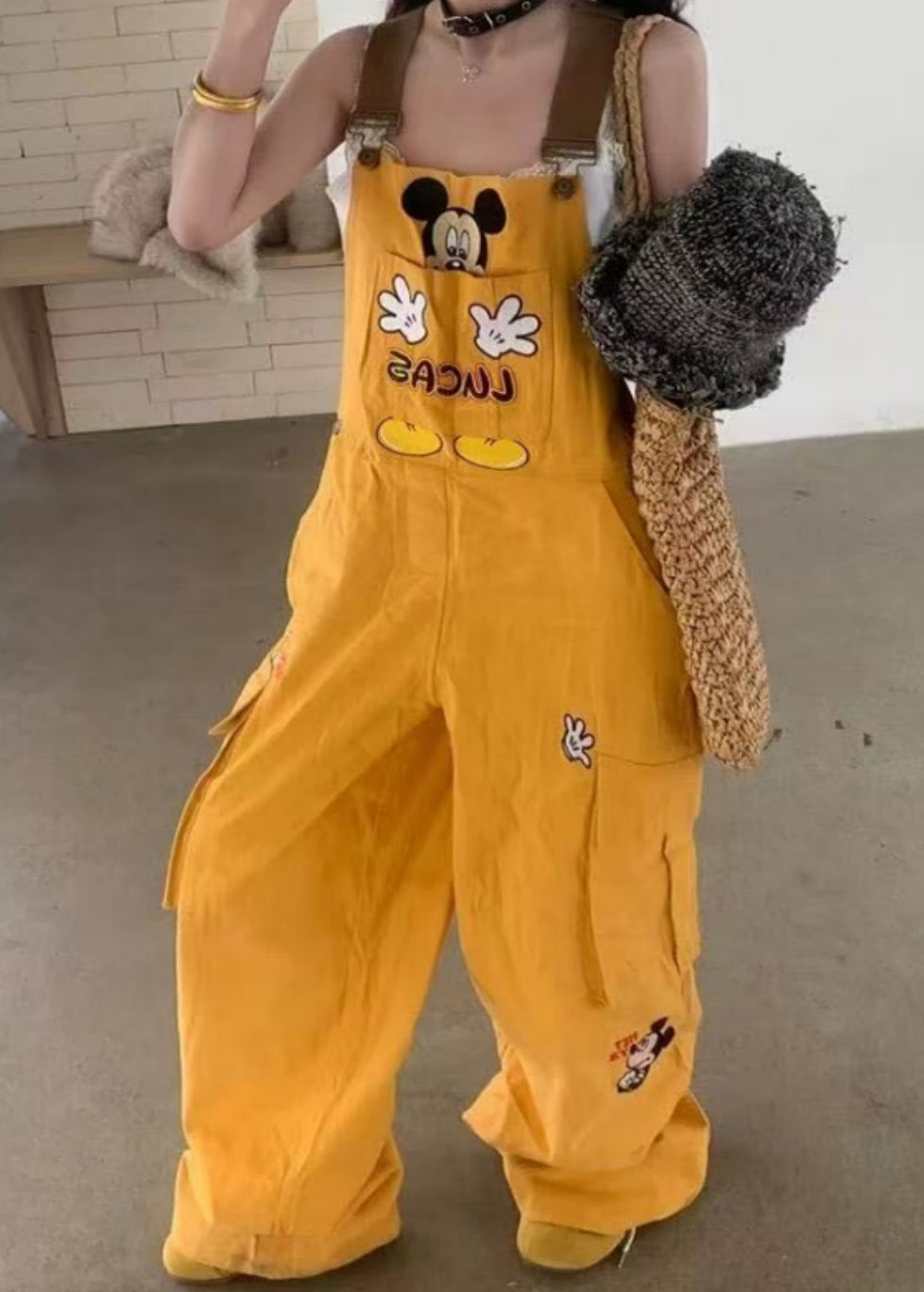 Yellow Embroidered Denim Overalls Jumpsuit Fall