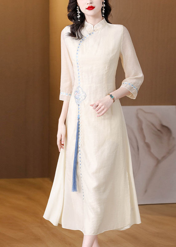 Stylish Apricot Stand Collar Embroideried Tassel Silk Long Dresses Spring