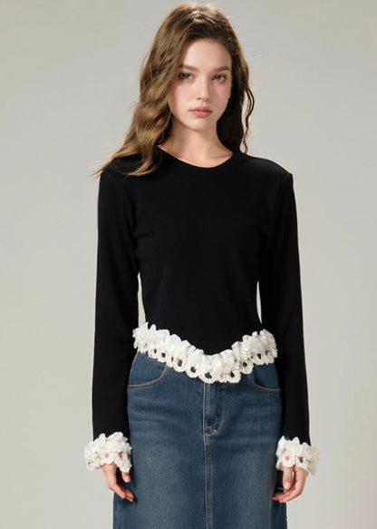 Art Black O-neck Nail Bead Patchwork Cotton Knit Sweater Winter