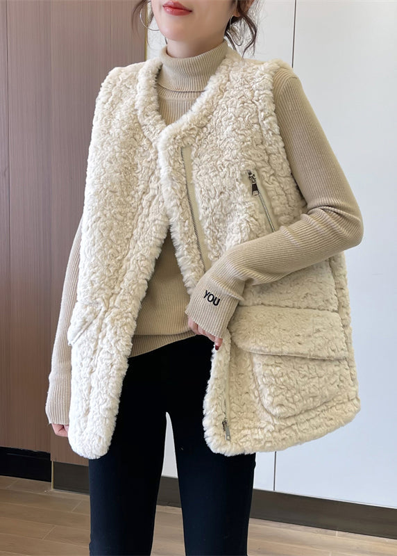 Beige Zip Up Patchwork Faux Fur Teddy Vests Winter