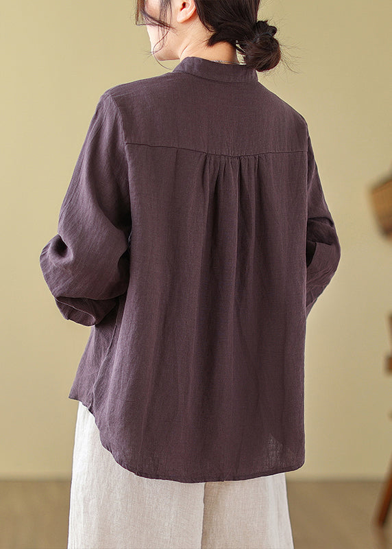 New Purple Embroideried Cotton Blouses Long Sleeve