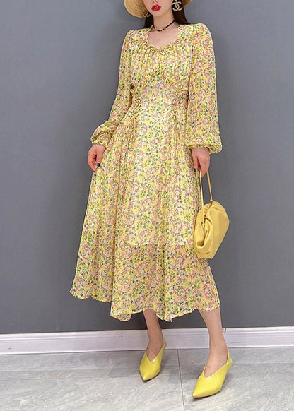 Yellow O-neck Print Wrinkled Chiffon Long Dress Long Sleeve