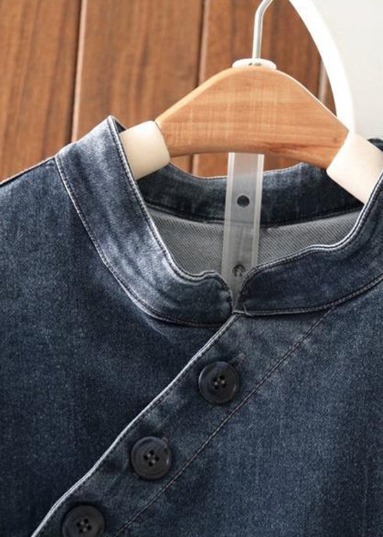 Navy Stand Collar Pockets Patchwork Denim Top Fall