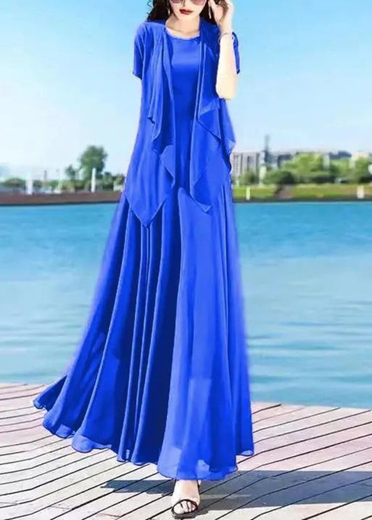 Royalblue O-neck Chiffon Cardigans and Long Dress Two Pieces Set Summer