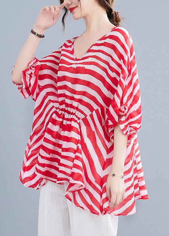Red Print Wrinkled Summer Half Sleeve Shirt Top