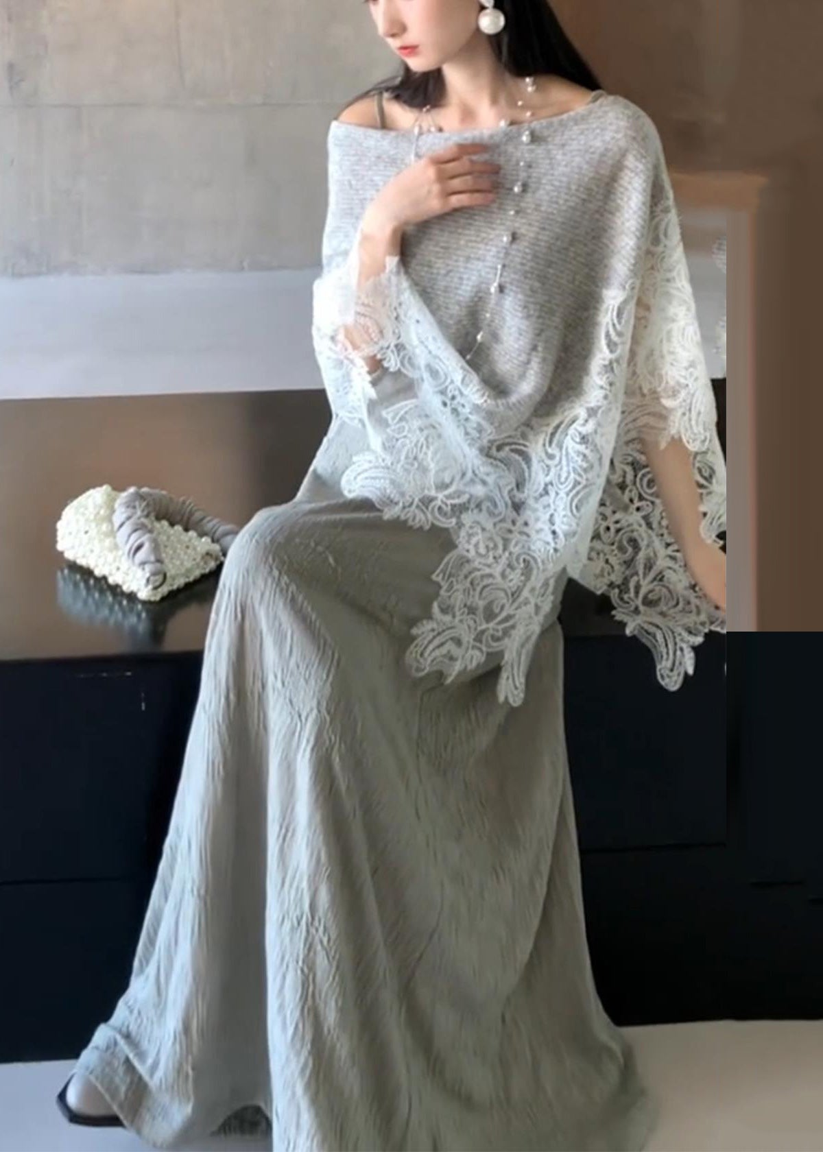 Grey Lace Patchwork Cotton Knit Cape and Long Dresses Two Piece Set Batwing Sleeve