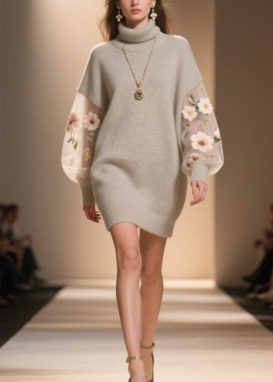 Hign Neck Tulle Patchwork Knit Sweater Dress Winter