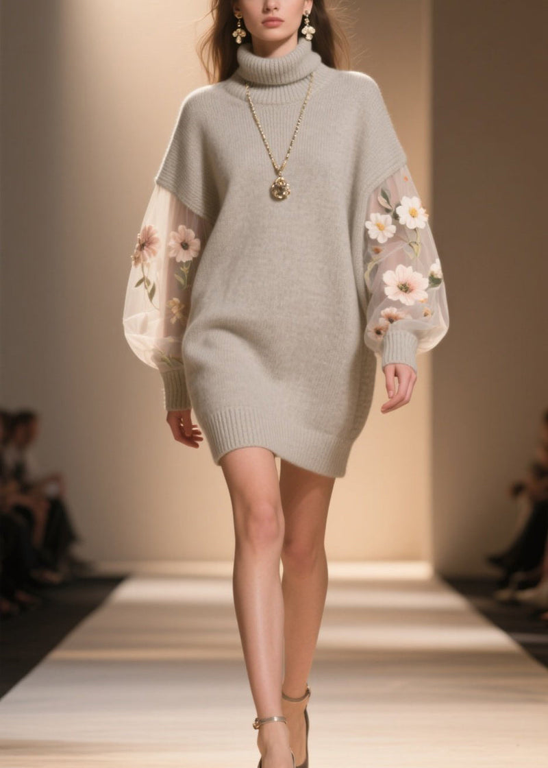 Hign Neck Tulle Patchwork Knit Sweater Dress Winter