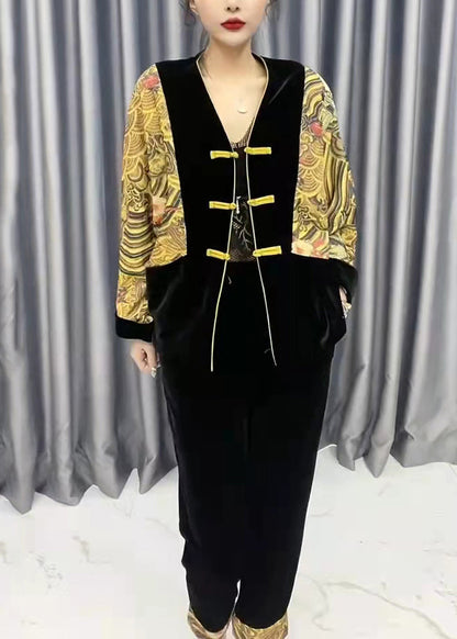 Yellow V Neck Print Patchwork Silk Velour Coats and Crop Pants Two Pieces Set Fall