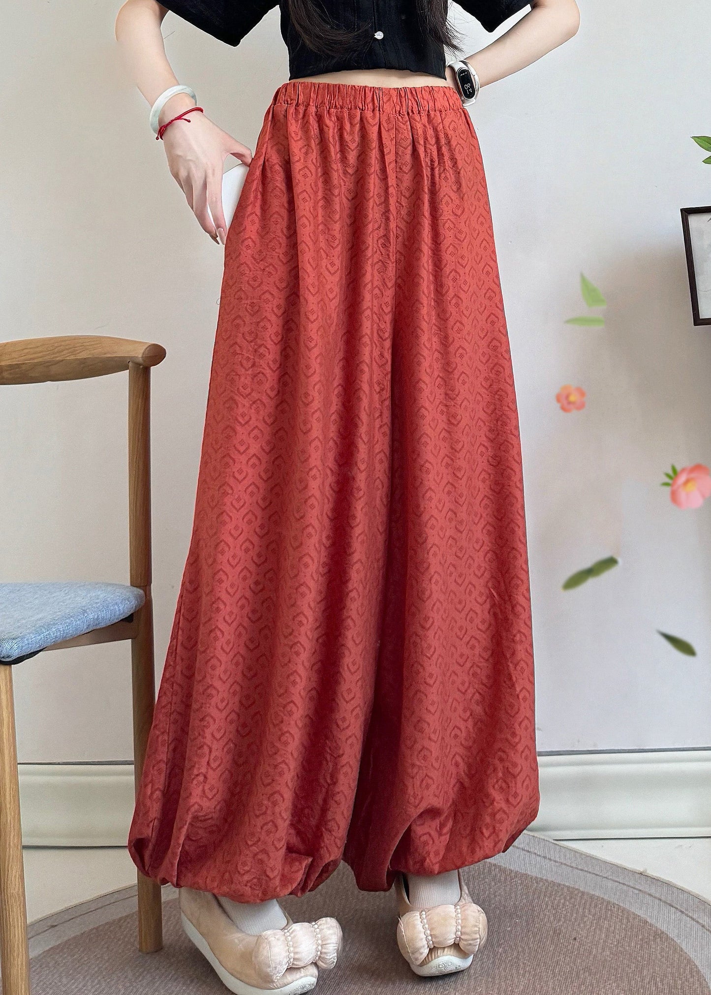 Loose Grass Green Tasseled Print Cotton Pants Fall