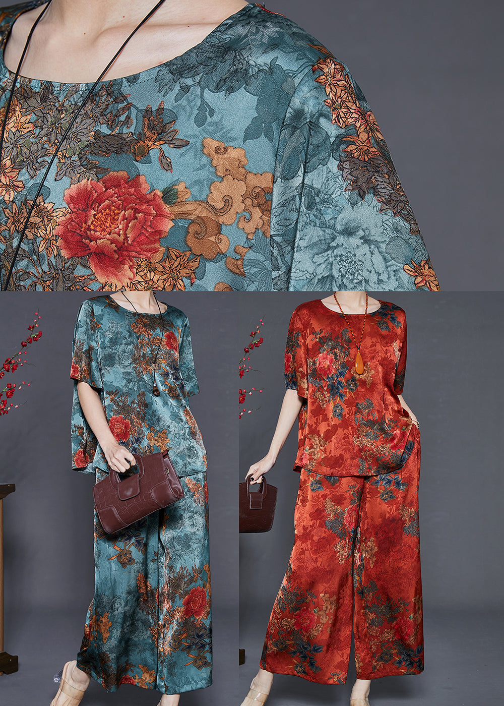 Diy Sea Blue Oversized Print Silk Two Pieces Set Summer